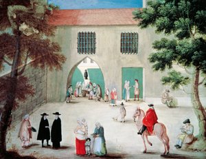 Szegények segítése a Port-Royal des Champes-i apátság előtt, Louise-Magdeleine Hortemels (1688-1767), gouache, Franciaország