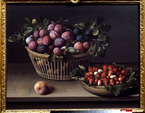Egy őszibarack, eper és egy kosár gyümölcs Louise Moillon (1610-1696) festménye 17. századi Toulouse, Musee des Augustins