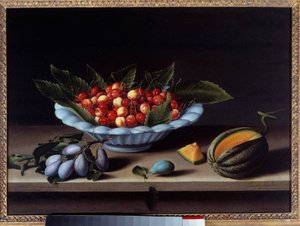Csésze cseresznye, szilva és sárgadinnye Louise Moillon (1610-1696) festménye 1633 V. 0,48x0,65 m