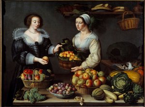 A gyümölcs- és zöldségkereskedő Louise Moillon festménye (1610-1696) 1630 V. 1,20x1,65 m