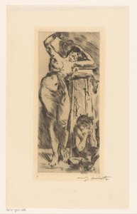 Női akt legyezővel a kezében és egy görnyedt alakkal jobbra alkotó: Lovis Corinth (signed by artist)