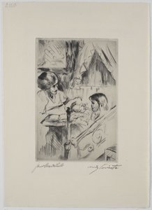 Gyerek az ágyban és az anya alkotó: Lovis Corinth