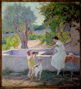 Madame Prat és lánya a kertben a kis kecskével Joseph Loys Prat festménye (1879-1934), XX. század. Donzere polgármestere.