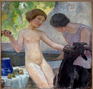 Meztelen lány kecskével játszik Joseph Loys Prat (1879-1934) festménye, XX. század. Olajfestmény. Donzere, Városháza.