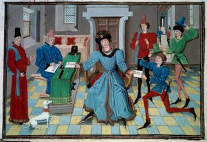 Miniatűr hírnök érkezése Loyset Liedet „Renaud de Montauban” vagy „Les quatre fils Aymon” kéziratából (aktív 1448 és 1478 között). Ms. 5073. 15. századi Bibliotheque de l