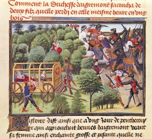 Ms 5072 f.6v Hogyan szült Aigremont hercegné két fiát, és ugyanabban az órában veszítette el őket egy erdőben, a Renaud de Montauban ciklusból