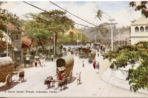 Utcai jelenet, Pettah, Colombo, Ceylon, 1900-20 körül (kézzel színezett fénykép)