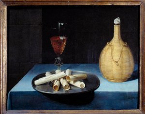 A csendélet ostyás desszert kekszből, borosüvegből és pohárból. Lubin Baugin (1612-1663) festménye 17. század V. 0,41x0,52 m .
