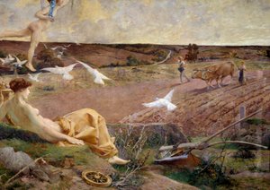 A bőség és a termékenység szerencse-allegorikus ábrázolása. A háttérben a szántóföldjét szántó paraszt. Részlet. Luc Olivier Merson (1846-1920) marouflee festménye gipszre 1901 V. 2,22x2,9 m Párizs, Muse d