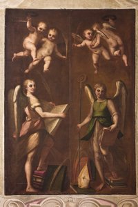 Genova, Dóm (Szent Lőrinc-székesegyház), sekrestye, kápolna: "Angyalok püspöki jelvényekkel, könyvekkel és pálmaágakkal", Luca Cambiaso, 1580 körül