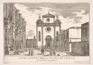 38. tábla: Kilátás a Szent Rókus-templom homlokzatára és balról a Schoo... homlokzatára, 1703. alkotó: Luca Carlevarijs