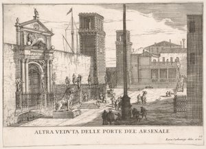 63. tábla: Kilátás a hajógyár és fegyvertár komplexum kapujára, Arsenale, Velence, 1703, fr..., 1703. alkotó: Luca Carlevarijs