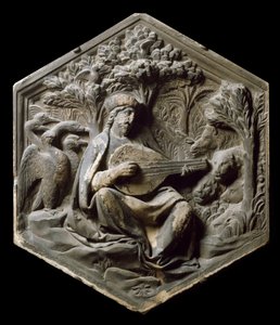 A zene allegóriája, mint orfe Az erdő állatai hallgatják Orphe lantját. Luca della Robbia magas domborműve alkotó: Luca Della Robbia