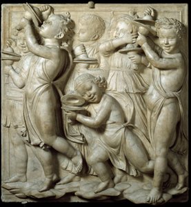 A Cantoria vagy az énekes tribün panelja: cintányéron játszó gyermek. Luca della Robbia (kb. 1400-1482) magas márványdomborműve 1431-1438 Dim. 348 cm Museo dell