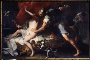 (Tarquinius és Lucretia) Lucretia (Lucrezia, Lucretia, római hölgy) megerőszakolása, aki unokatestvére, Sextus Tarquin, Nagy Tarquin fia erőszakos áldozatává vált. Luca Giordano (1632-1705) festménye 17. századi Állami Művészeti Múzeum, Tula, Oroszország