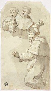 Három megriadt szerzetes, egy térdelve, kettő állva alkotó: Luca Giordano