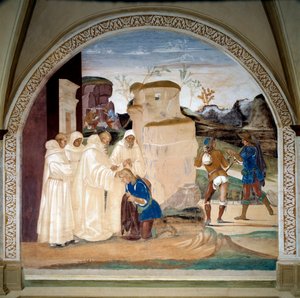 Nursie-i Szent Benedek (kb. 480-547) élete: „” Benedek inti Valerian szerzetes testvérét, aki megszegte a böjtjét” (Hogyan inti Benedek Valerian szerzetes testvérét, aki megszegte a böjtöt) Kolostor freskója Luca Signorelli (kb. 1445-15 alkotó: Luca Signorelli