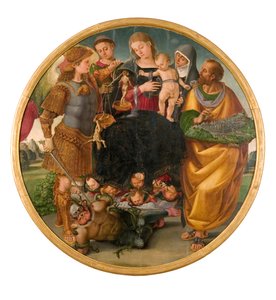Madonna és gyermek a szentek között Tondo Signorelli, 1510-1515. alkotó: Luca Signorelli