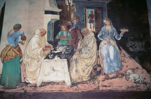 Szent Benedek megrovása két szerzetest, akik megszegték a szabályt, jelenet a Monte Oliveto Maggiore-i Szent Benedek történeteiből alkotó: Luca Signorelli