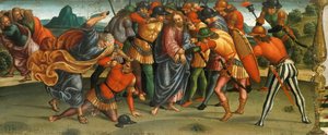 Krisztus elfogása. Siralom a halott Krisztus felett, Predella panel, 1502. alkotó: Luca Signorelli