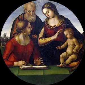 A Szent Család szenttel, 1490-1495 körül. alkotó: Luca Signorelli