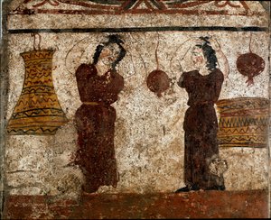 Táncosok csoportja egy temetési szertartás során. Lucaniai freskó a Kr.e. 4. századból, Paestum nekropoliszából, Olaszországból. Museo nazionale archeologico, Paestum