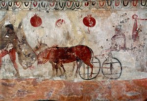 Egy falkatartó és két szamár Lucaniai freskó a Kr.e. IV. századból, az olaszországi Paestum nekropoliszából. Museo nazionale archeologico, Paestum