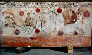 Egy lovas és páncéljának különböző elemei Kr.e. 4. századi lucani freskó az olaszországi Paestum nekropoliszából. Museo nazionale archeologico, Paestum