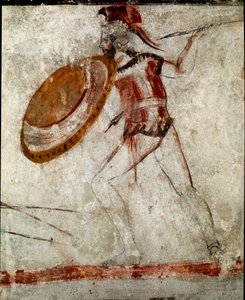Harcos lándzsával és pajzzsal Lucaniai freskó az ie 4. századból, a lovas sírjából, Paestum helyéről, Olaszországból. Museo nazionale archeologico, Paestum