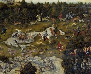 Vadászat V. Károly tiszteletére a németországi Torgau kastélyban Szarvasvadászat. Részlet. Idősebb Lucas Cranach festménye