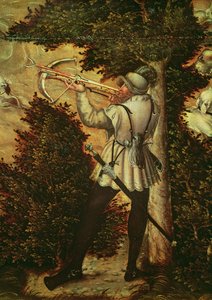 Célzó számszeríjász, „Vadászat V. Károly tiszteletére a Hartenfels-kastély közelében, Torgau” részlete, 1544 alkotó: Lucas Cranach the Elder