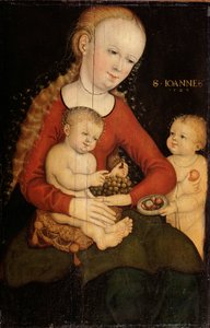 Szűz és gyermek Keresztelő Jánossal fiúként”. alkotó: Lucas Cranach the Elder