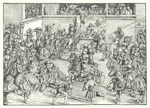 A verseny Sámson és az oroszlán kárpitjával (metszet) alkotó: Lucas the Elder (after) Cranach