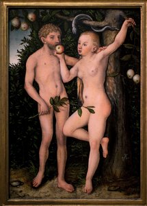 Ádám és Éva. Lucas Cranach egykori festménye (1472-1553), 1538 körül. Flamand művészet 16. század. Nemzeti Galéria, Sternberg-palota, Prága (Csehország).