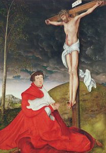Albert, Mainz bíboros választófejedelme a kereszt lábánál (olaj a táblán) alkotó: Lucas the Elder Cranach