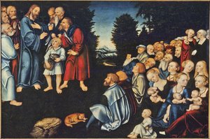 La multiplication des pains – Az öt kenyér és két hal csodája, Cranach, Lucas, az idősebb (1472-1553). Olaj, fa. Mérete: 82x120 cm. Nemzeti Múzeum Stockholm alkotó: Lucas the Elder Cranach