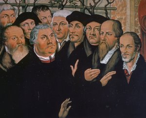Luther Márton a protestáns reformáció képviselőivel, jobb oldalon Melanchthon, középen Rotterdami Erasmus, részlet Lázár feltámadásából, Lucas Cranach Elder (1472-1553) festménye
