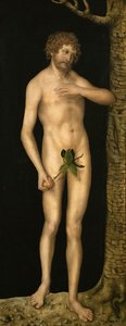 Az ember bukása: Ádám – Lucas Cranach, az idősebb (1472-1553). Olaj, fa, kb 1510-1520. Mérete: 137x54 cm. Művészettörténeti Múzeum, Vienne alkotó: Lucas the Elder Cranach