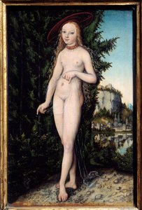 Tájképben álló Vénusz Idősebb Lucas Cranach (1472-1553) festménye 1529, Olaj, fa, Dim. 0,38x0,25 m - Vénusz egy tájban álló. Idősebb Lucas Cranach (1472-1553) festménye