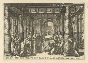 Christ en de overspelige vrouw Az Újszövetség tizenhárom legelegánsabb és legdíszesebb ikonja a templomban (sorozat címe) alkotó: Lucas van Doetechum