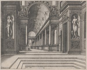 Kilátás egy templomban korinthoszi oszlopokkal és Apollón, Melpomene és Mózes szobraival
