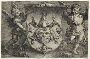 Két Genii által támogatott maszkot viselő pajzs, 1527. alkotó: Lucas van Leyden