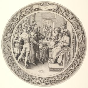 Krisztus Anna előtt, a körkörös passióból, 1509. alkotó: Lucas van Leyden