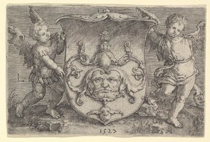 Címer maszkkal, két Genii birtokában, 1527. alkotó: Lucas van Leyden