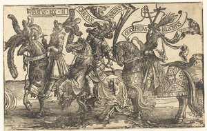 A hősök Arthur király, Nagy Károly és Bouillon Godfrey The Nine Heroes (sorozat címe) alkotó: Lucas van Leyden