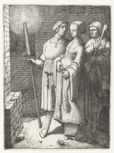Fiatal férfi fáklyával, nővel és narrával alkotó: Lucas van Leyden
