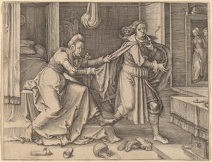József megszökik Potifár felesége elől alkotó: Lucas van Leyden