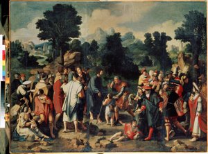 A jerikói vak gyógyítása (középső panel). A jerikói vak ember gyógyulása. Jézus Krisztus csodája, aki meggyógyítja a jerikói Bartimeust és visszaadja látását. Lucas Van Leyden festménye (1489/94-1533)
