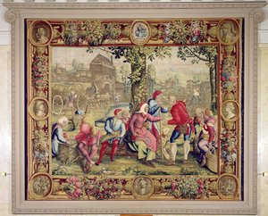 Aratógépek fizetése, Gobelinek műhely (szőttes) alkotó: Lucas van Leyden