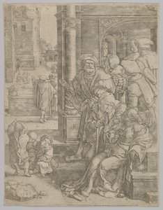 Vergilius költő kosárba függesztve, 1525. alkotó: Lucas van Leyden
